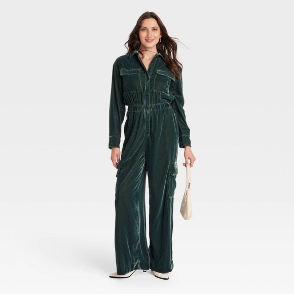 Universal Thread Long Sleeve Button Up Jumpsuit in Velvet Green Women’s Size 0 - Picture 1 of 10
